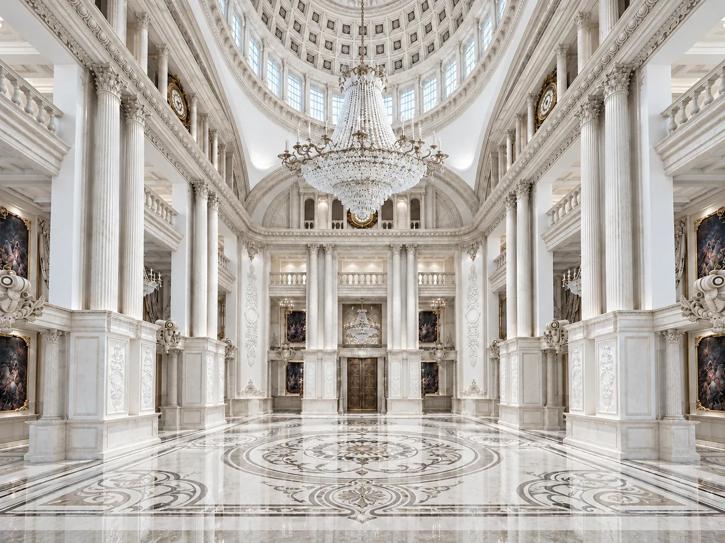 Palace hall with crystal chandelier and inlaid marble floor