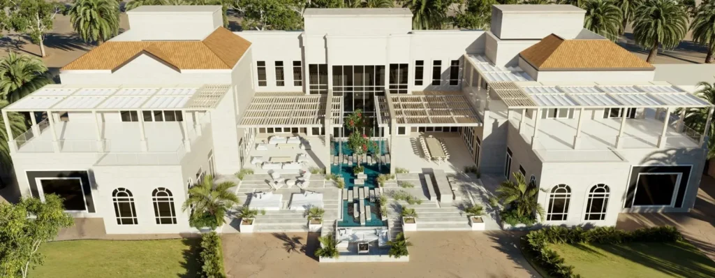 Villa A, Dubai — courtyard and pool from above