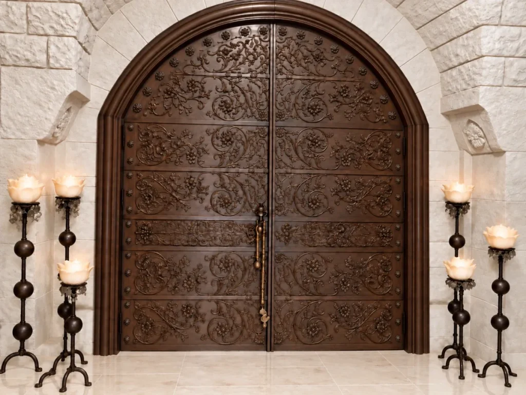 Villa B, Lebanon — carved entrance door