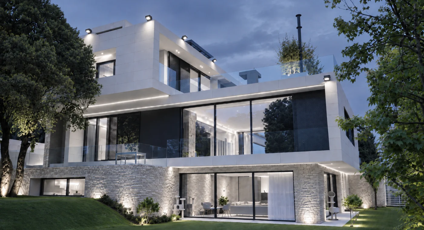 Contemporary villa in Lebanon lit at dusk