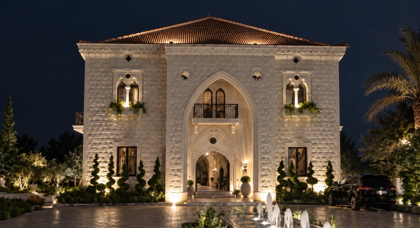 Stone villa façade at night